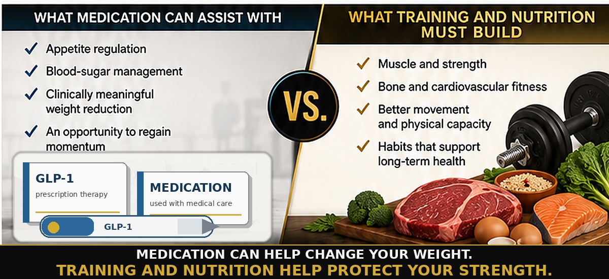 GLP-1 medication contrasted with resistance training, protein-rich foods and healthy habits for preserving strength during weight loss.