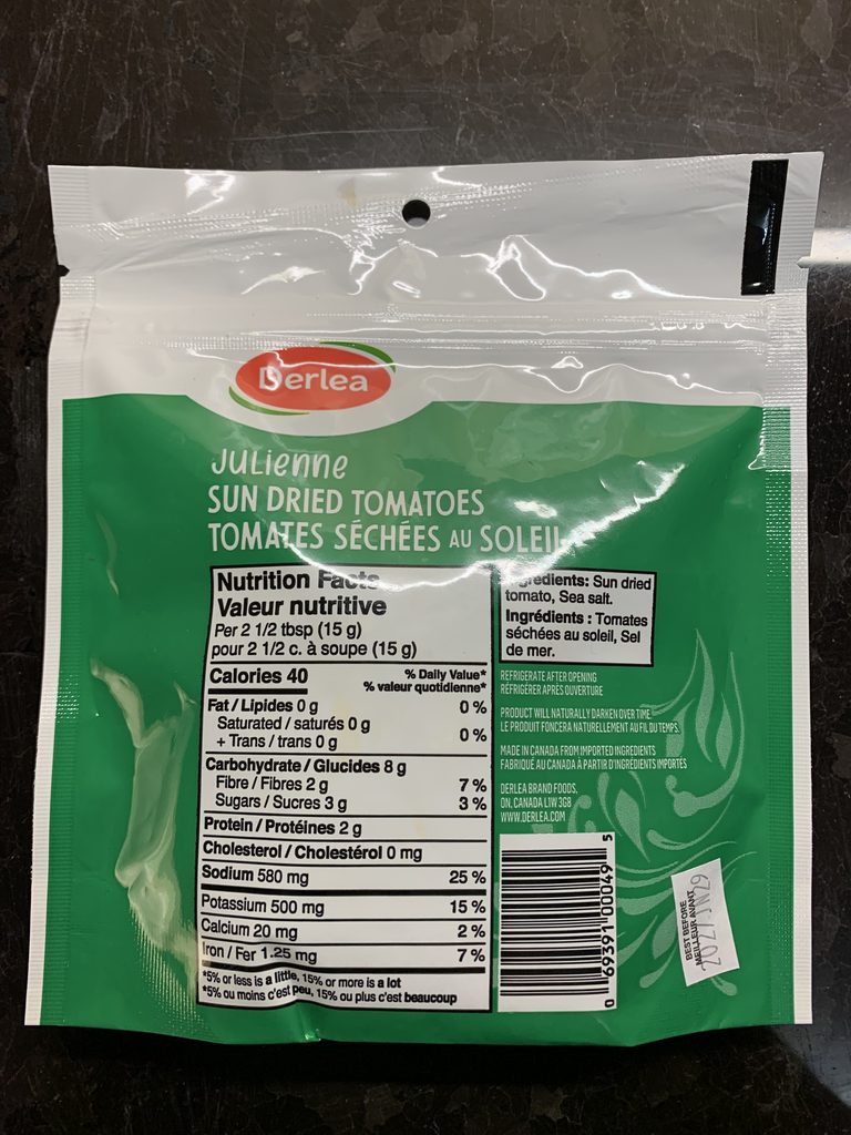 Derlea Julienne Sun Dried Tomatoes (back view with ingredients)