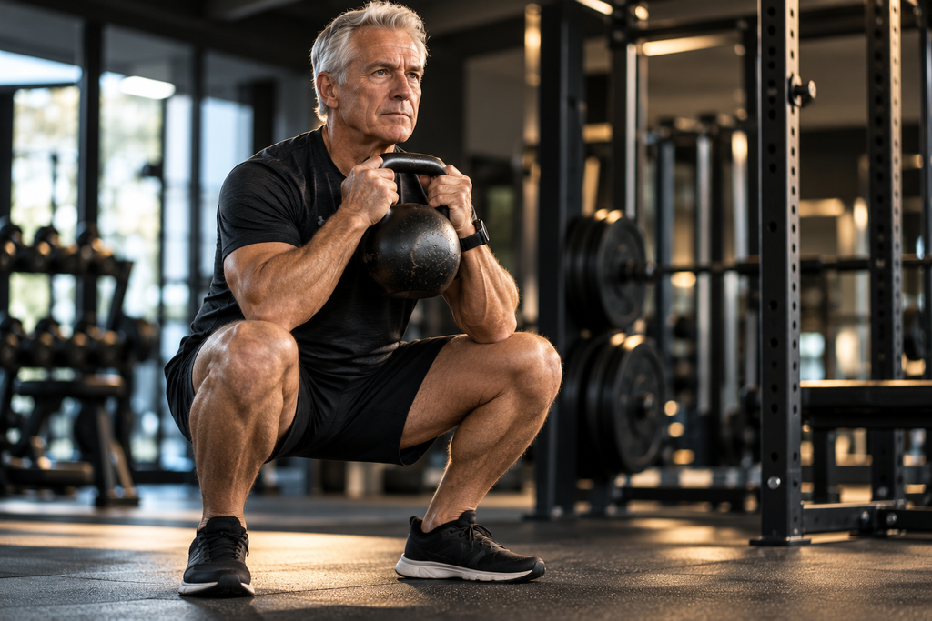 Older man performing a kettlebell goblet squat during strength training.